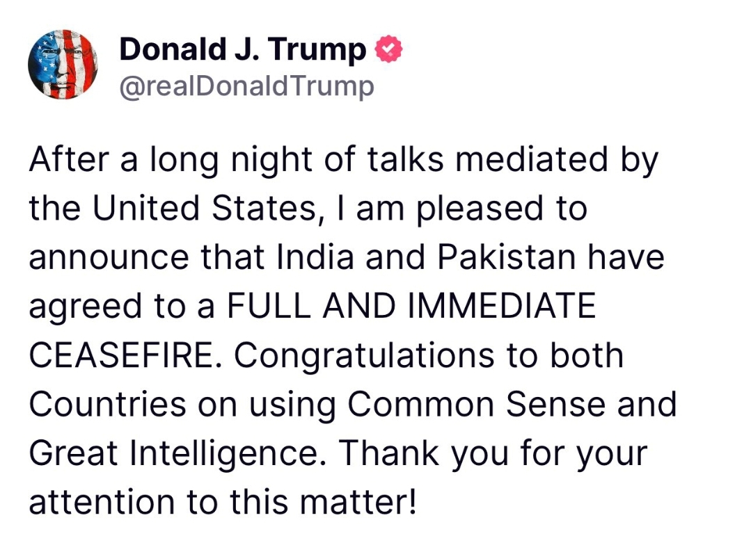 Trump announces full and immediate ceasefire between India and Pakistan after U.S.-mediated talks 2 Screenshot 20250510 170722 X