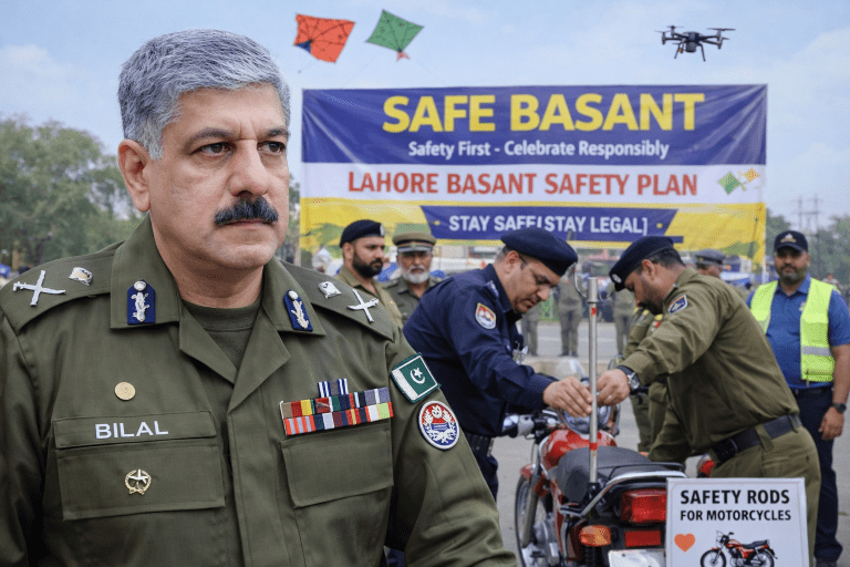 Traffic officials enforcing new motorcycle safety regulations in Lahore