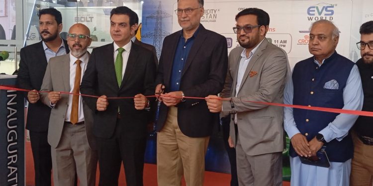 Federal Minister for Planning, Development and Special Initiatives, Ahsan Iqbal is addressing the Inauguration Ceremony of EVS World and Electricity Pakistan Exhibition at Expo Centre Lahore. Eng Ameer Zameer and others also present